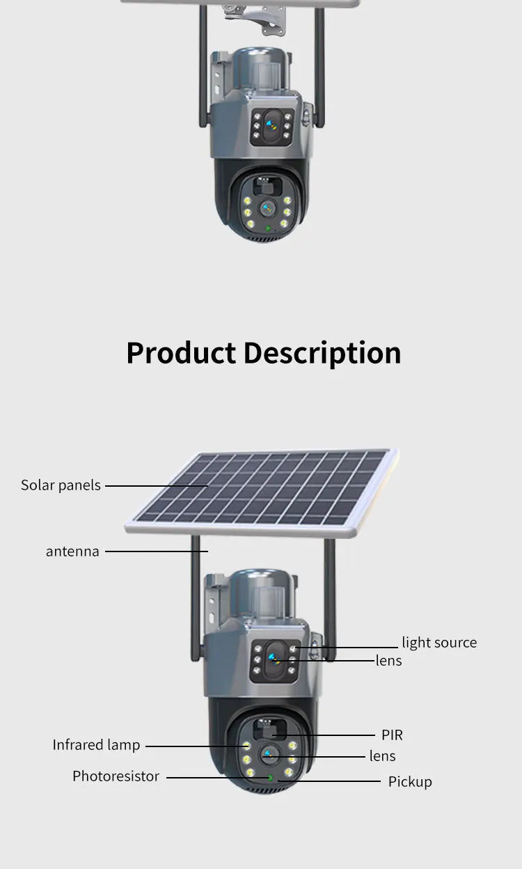 4MP 4G Wireless PTZ Solarkamera Dual Lens Dual Screen Outdoor IP-Kamera Solarpanel Audio PIR Sicherheitsüberwachungskamera