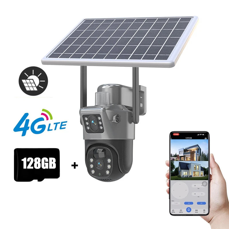 4MP 4G Wireless PTZ Solarkamera Dual Lens Dual Screen Outdoor IP-Kamera Solarpanel Audio PIR Sicherheitsüberwachungskamera