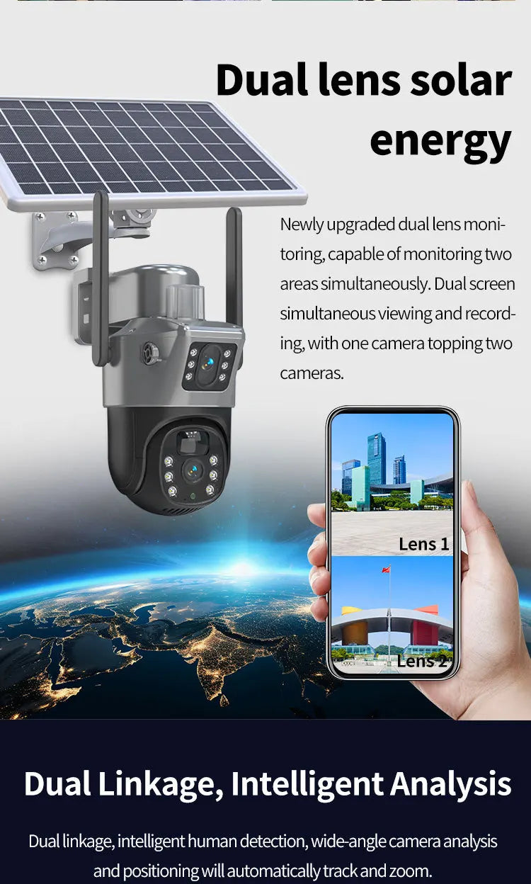 4MP 4G Wireless PTZ Solarkamera Dual Lens Dual Screen Outdoor IP-Kamera Solarpanel Audio PIR Sicherheitsüberwachungskamera