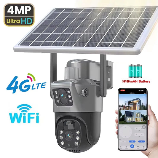 4MP 4G Wireless PTZ Solarkamera Dual Lens Dual Screen Outdoor IP-Kamera Solarpanel Audio PIR Sicherheitsüberwachungskamera