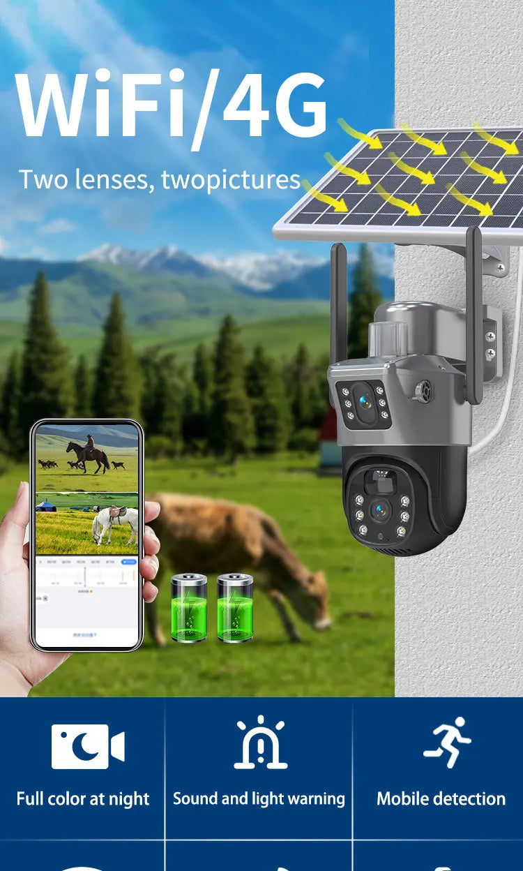 4MP 4G Wireless PTZ Solarkamera Dual Lens Dual Screen Outdoor IP-Kamera Solarpanel Audio PIR Sicherheitsüberwachungskamera