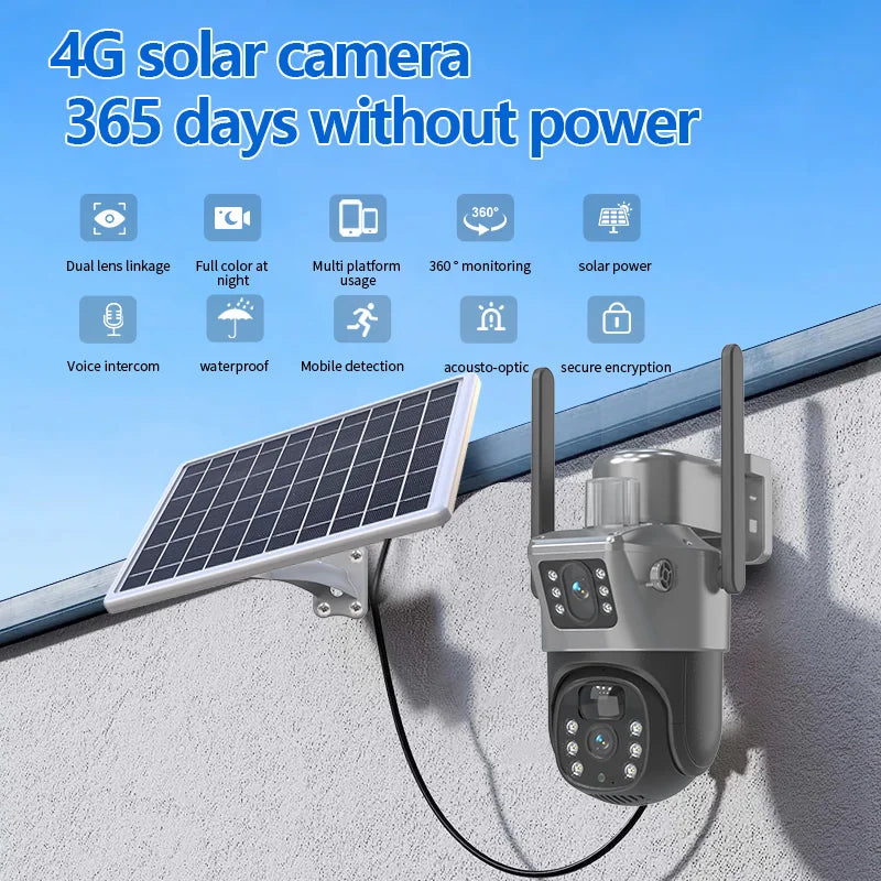 4MP 4G Wireless PTZ Solarkamera Dual Lens Dual Screen Outdoor IP-Kamera Solarpanel Audio PIR Sicherheitsüberwachungskamera
