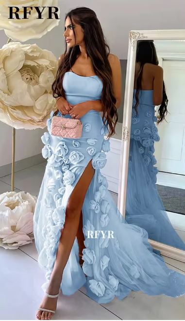 RFYR Rosa Meerjungfrau Charmantes Ballkleid 3D-Blumen Formelles Kleid Ärmelloses Abendkleid mit Seitenschlitz