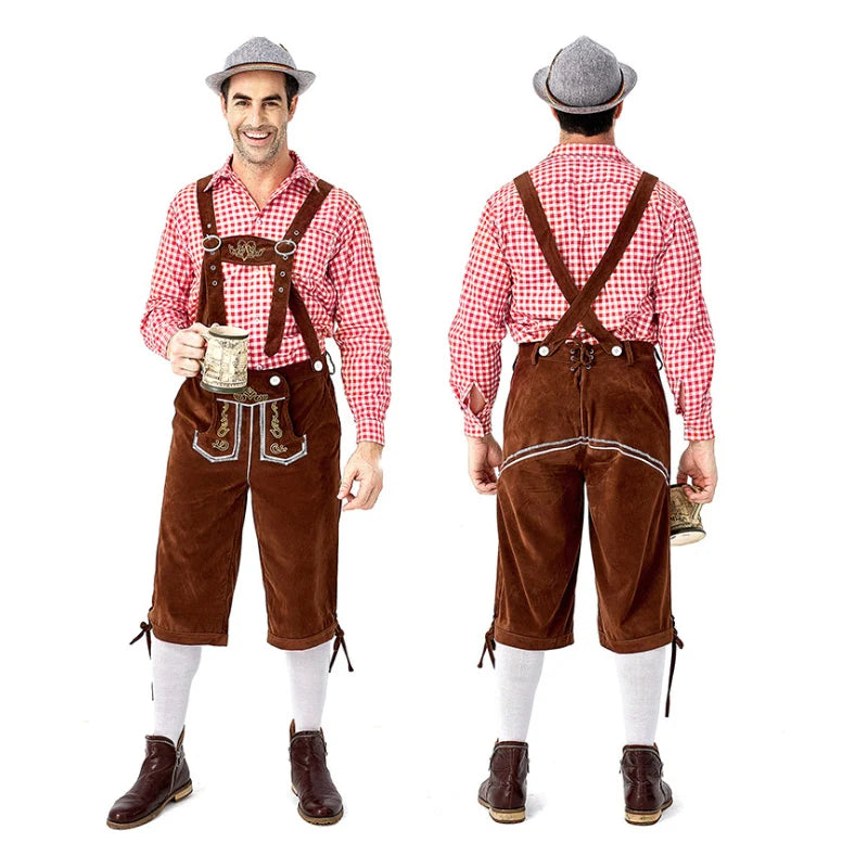 Männer Karneval Oktoberfest Kostüm Kariertes Hemd Lederhosen Outfit Cosplay Halloween Parade Bühnenshow Phantasie Partykleid