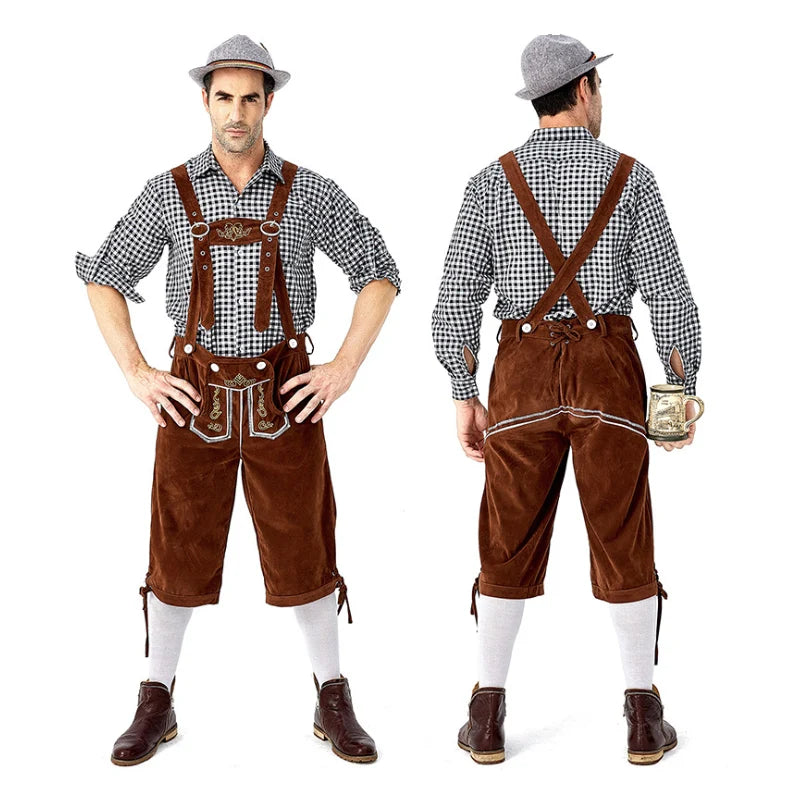 Männer Karneval Oktoberfest Kostüm Kariertes Hemd Lederhosen Outfit Cosplay Halloween Parade Bühnenshow Phantasie Partykleid
