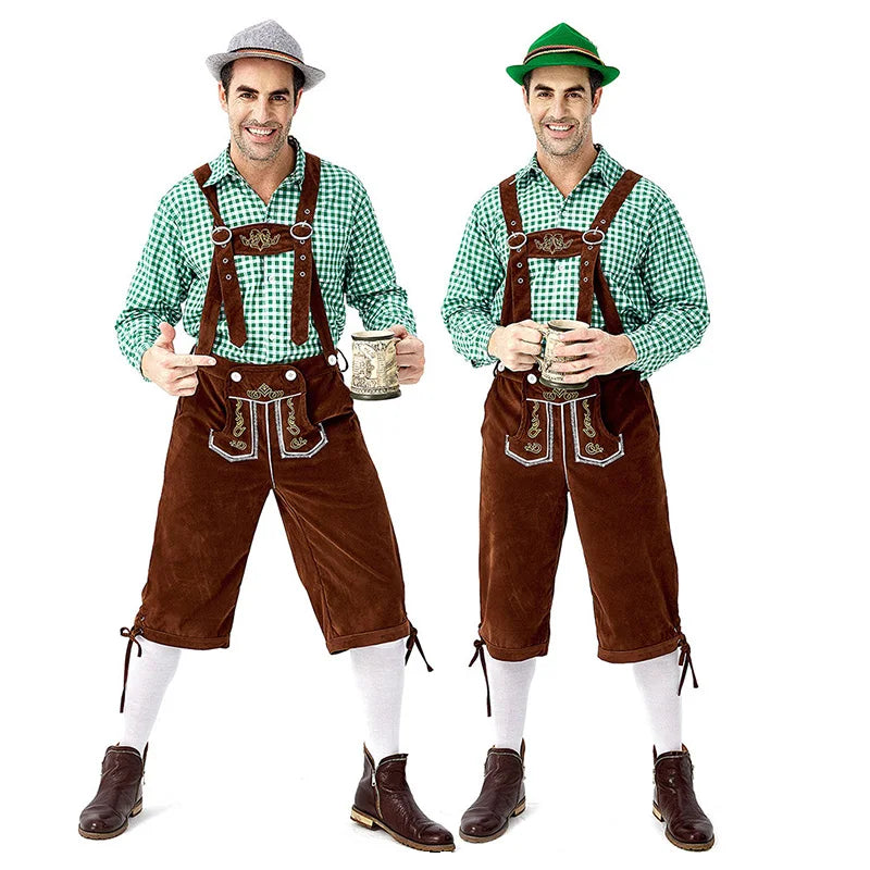 Männer Karneval Oktoberfest Kostüm Kariertes Hemd Lederhosen Outfit Cosplay Halloween Parade Bühnenshow Phantasie Partykleid