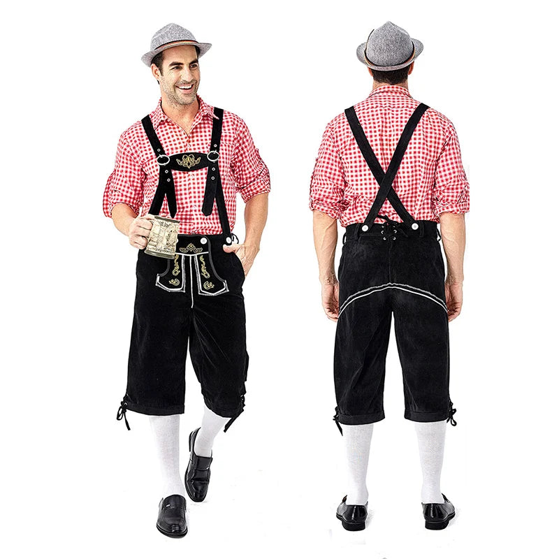 Männer Karneval Oktoberfest Kostüm Kariertes Hemd Lederhosen Outfit Cosplay Halloween Parade Bühnenshow Phantasie Partykleid