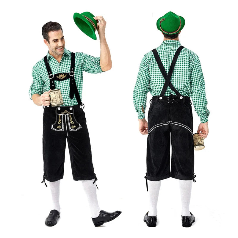 Männer Karneval Oktoberfest Kostüm Kariertes Hemd Lederhosen Outfit Cosplay Halloween Parade Bühnenshow Phantasie Partykleid
