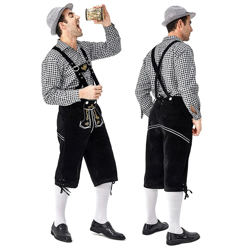 Männer Karneval Oktoberfest Kostüm Kariertes Hemd Lederhosen Outfit Cosplay Halloween Parade Bühnenshow Phantasie Partykleid