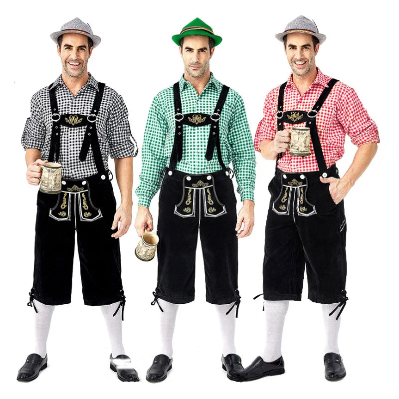 Männer Karneval Oktoberfest Kostüm Kariertes Hemd Lederhosen Outfit Cosplay Halloween Parade Bühnenshow Phantasie Partykleid