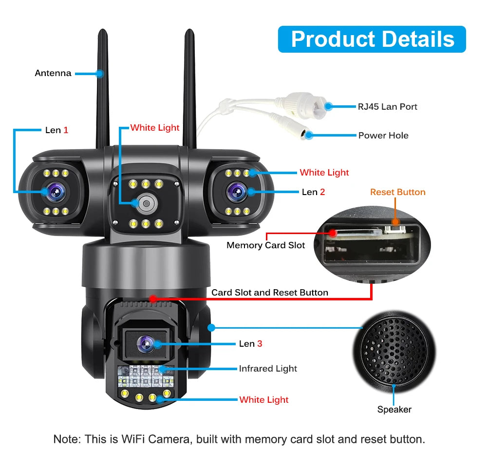 V380 Pro WiFi-IP-Kamera für den Außenbereich, 12 MP, 6K, dreifache Linsen, dreifache Bildschirme, Sicherheitsvideomonitor, Nachtsicht, wasserdichte CCTV-Kameras