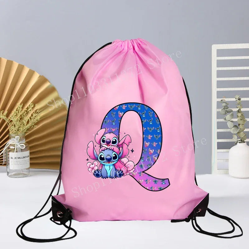 Disney Stitch Drawstring Bag Letter A-Z Printed Girl Kids Adult Gym PE Kit Sack Dance Portable Waterproof Light Travel Pouch Bag