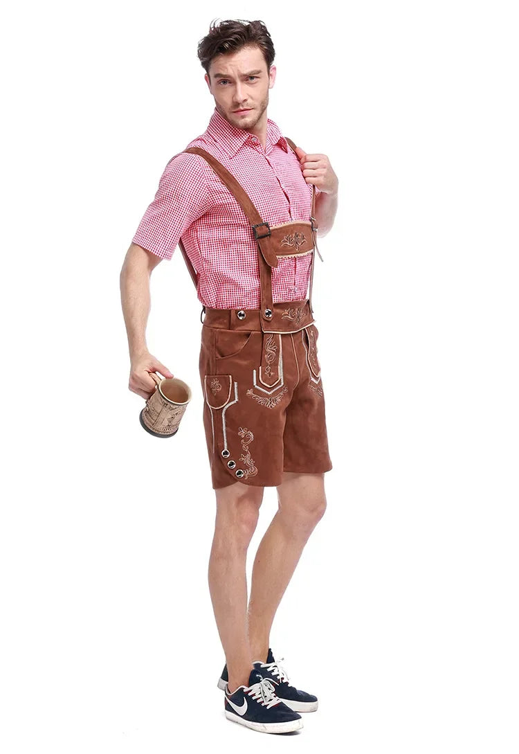 Männliches deutsches Oktoberfest-Lederhosen-Kostüm, kurzärmelig, Hosenträger, Strampler, Hemd, Hut, bayerisches Bierfest, Herren-Cosplay-Outfit