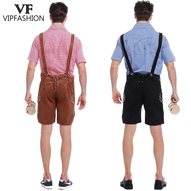 VIP FASHION Deutsches Oktoberfest-Kostüm-Outfit Bayerische Lederhosen-Hosenträger für Herren Braun Schwarz Verstellbare Shorts mittlerer Länge
