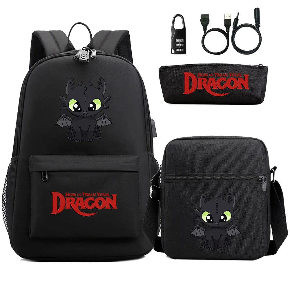 How to Train Your Dragon 3Pcs USB Anti-theft Lock Boy Girl Kids Back To School Book Bags Travel Backpack Shoulder Bag Pen Bags