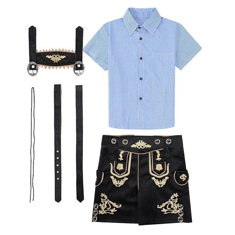 NEU Bayerisches Nationales Oktoberfest-Kostüm für Jungen, Flanell-Lederhosen, kariertes Hemd, Cosplay, Karneval, Halloween, ausgefallenes Partykleid