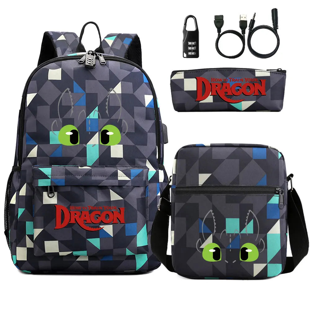 How to Train Your Dragon 3Pcs USB Anti-theft Lock Boy Girl Kids Back To School Book Bags Travel Backpack Shoulder Bag Pen Bags