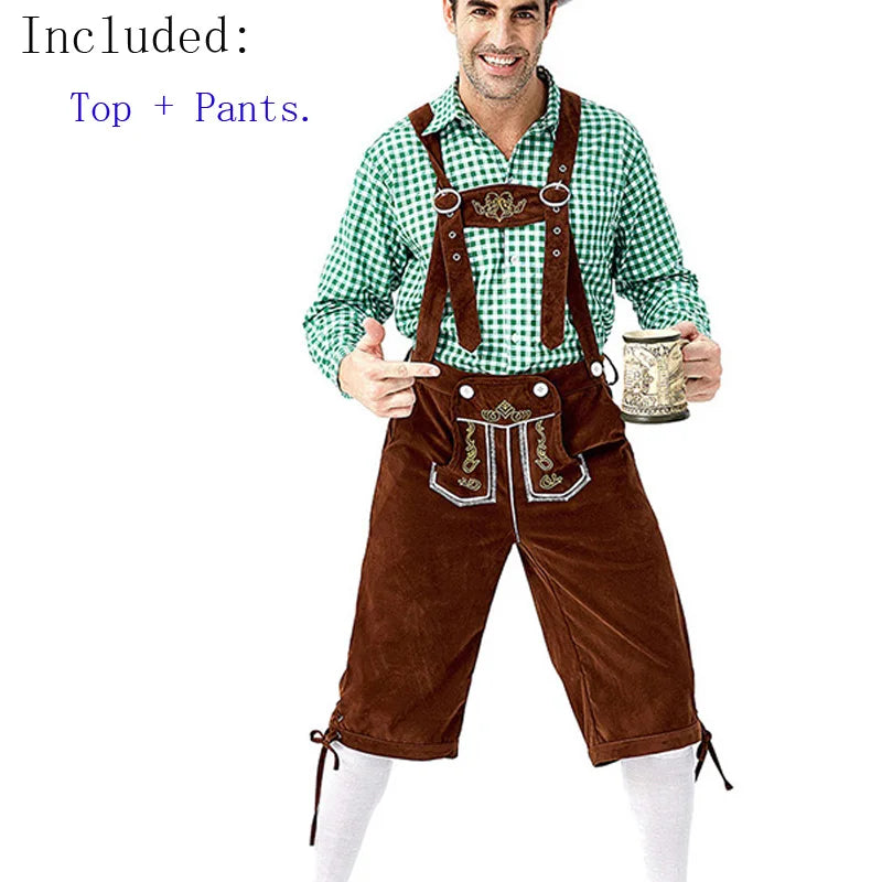 Männer Karneval Oktoberfest Kostüm Kariertes Hemd Lederhosen Outfit Cosplay Halloween Parade Bühnenshow Phantasie Partykleid