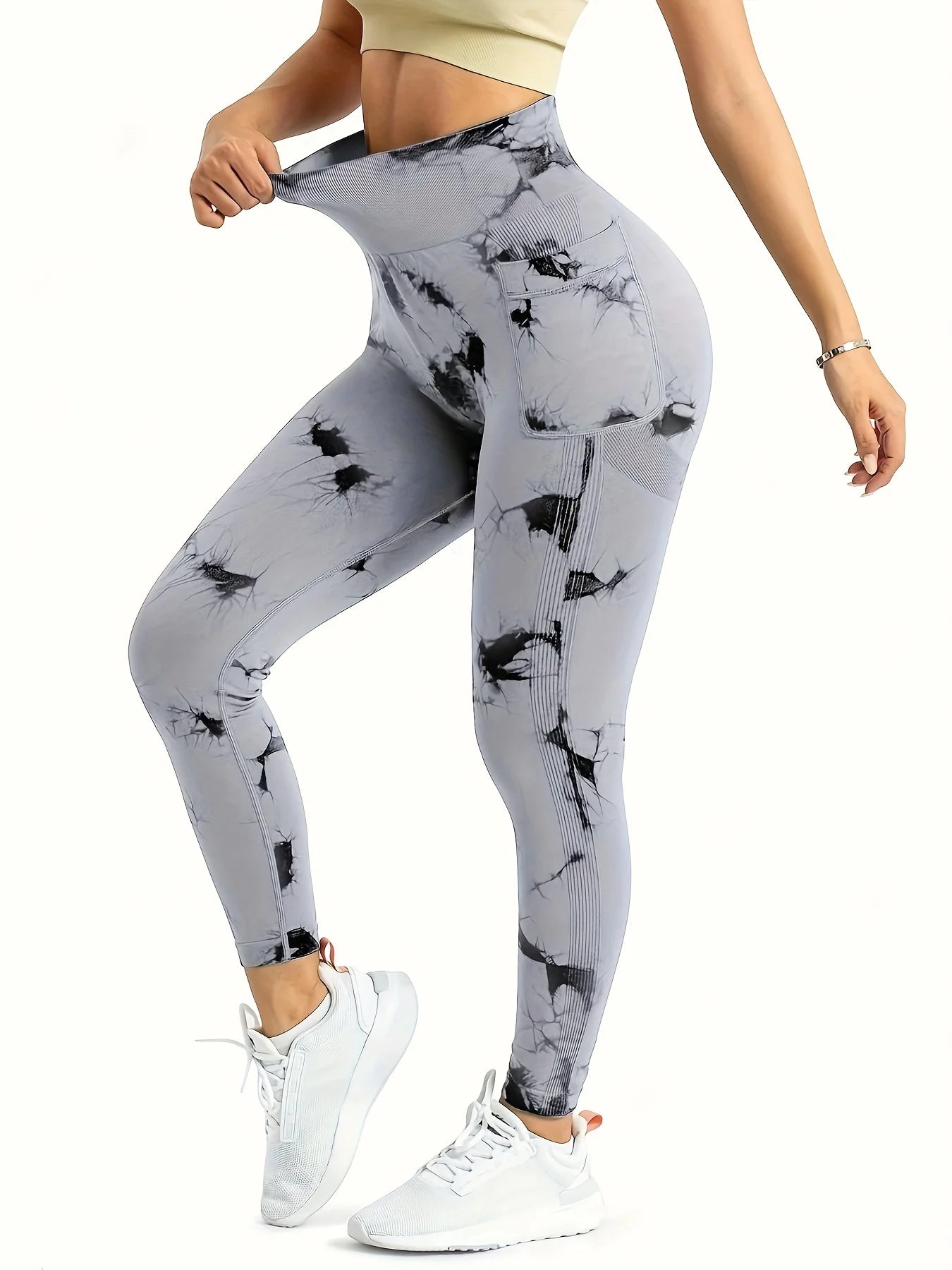 Nahtlose Workout-Leggings mit Batikmuster und hoher Taille für Damen, Scrunch Butt Lifting, Yoga, Fitnessstudio, Sporthose mit Taschen