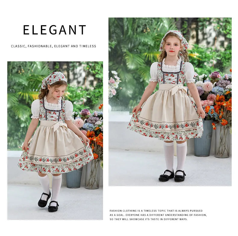 IOOTIANY Deutsches Münchner Oktoberfest Kinder Mädchen Blume Rüschen Spitze Lolita Pastoral Kleid Dienstmädchen Cosplay Performance Kostüm Set