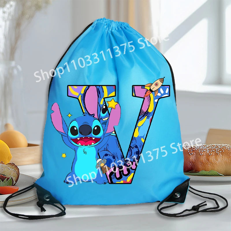 Stitch Disney Waterproof Drawstring Bag Letter A-Z Cartoon Shoes Underwear Travel Sport Bags Nylon Clothes Packing Backpack Gift