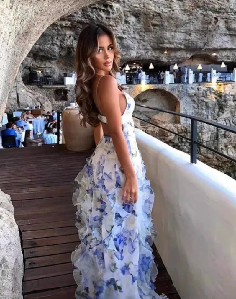 Damen 2025 Schulterfreies Abendkleid aus Organza, langes Abendkleid mit Blumendruck, fließendes A-Linien-Ball-Maxi-Sommerkleid
