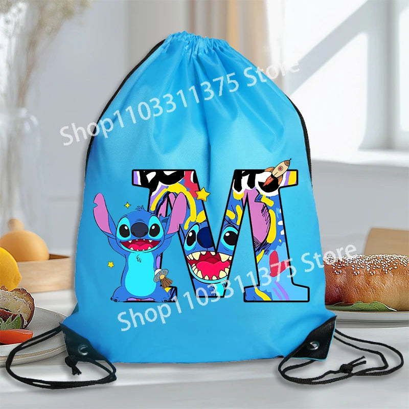 Stitch Disney Waterproof Drawstring Bag Letter A-Z Cartoon Shoes Underwear Travel Sport Bags Nylon Clothes Packing Backpack Gift