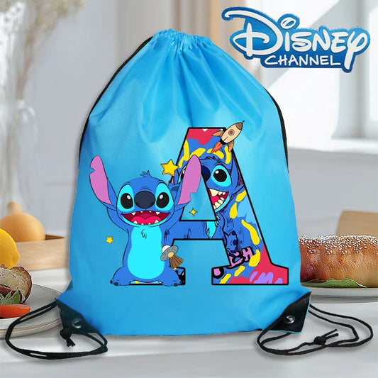 Stitch Disney Waterproof Drawstring Bag Letter A-Z Cartoon Shoes Underwear Travel Sport Bags Nylon Clothes Packing Backpack Gift