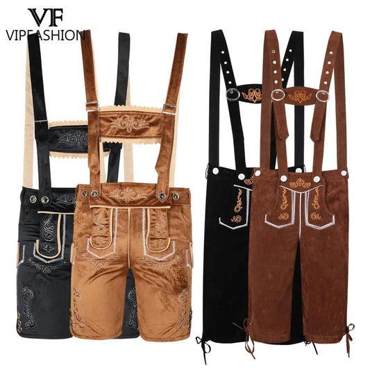 VIP FASHION Deutsches Oktoberfest-Kostüm-Outfit Bayerische Lederhosen-Hosenträger für Herren Braun Schwarz Verstellbare Shorts mittlerer Länge