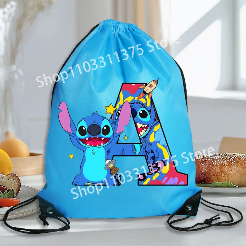 Stitch Disney Waterproof Drawstring Bag Letter A-Z Cartoon Shoes Underwear Travel Sport Bags Nylon Clothes Packing Backpack Gift