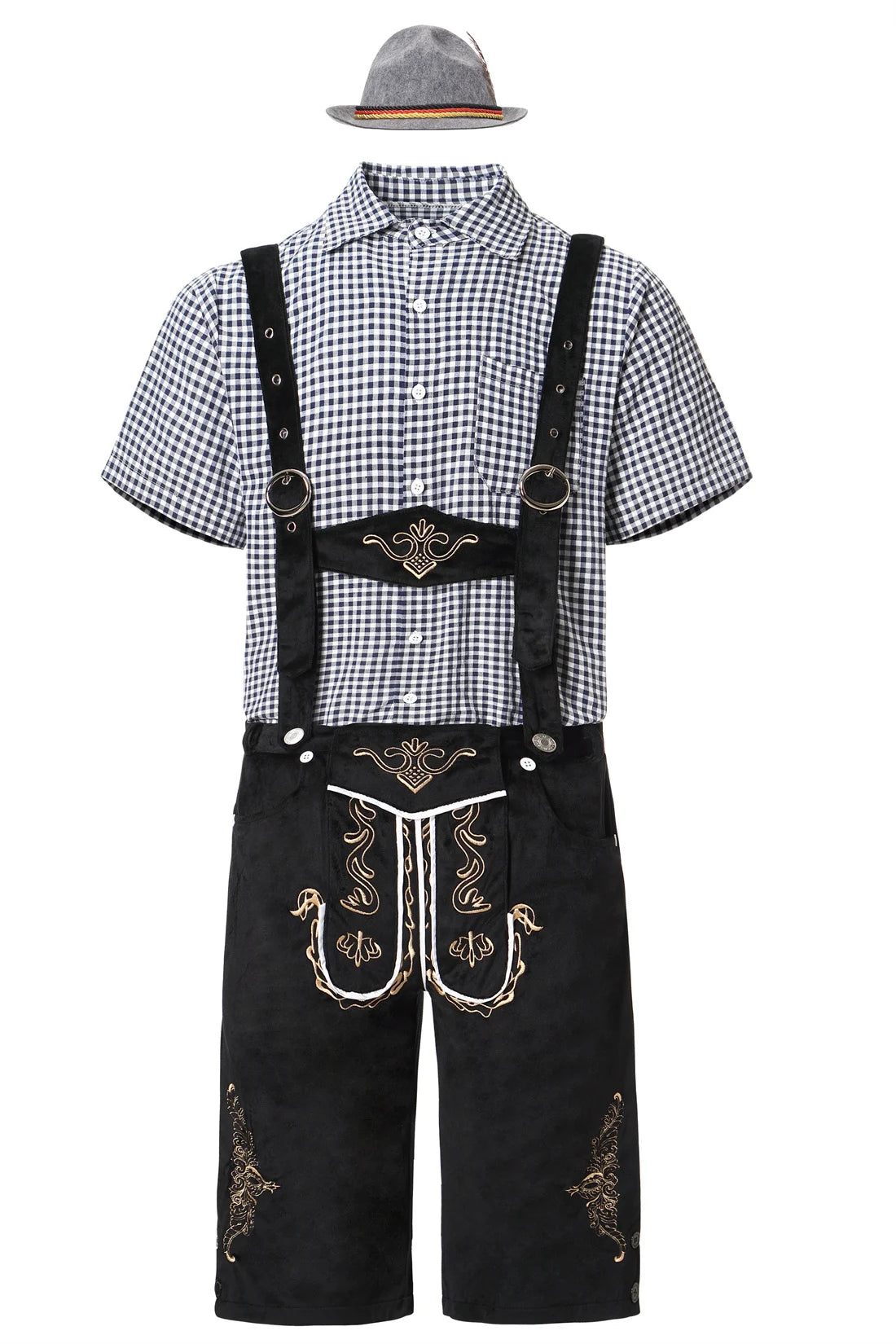 M-XXL Deutsches Oktoberfest Lederhosen Kostüm Kurzarm Kariertes Hemd Hosenträger Hut Set Bierfest Männlich Cosplay Halloween