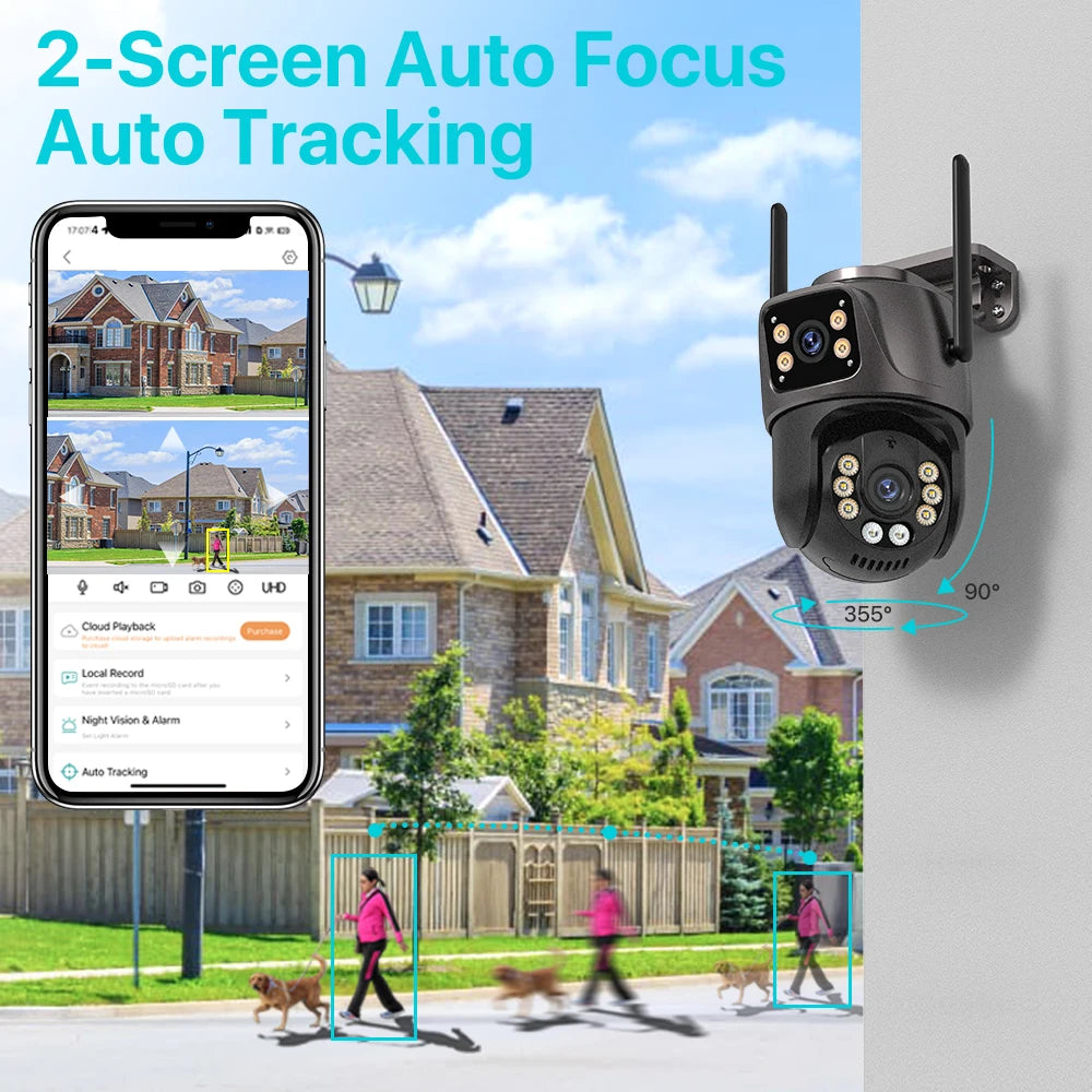 4K 8MP HD Wifi PTZ-Kamera für den Außenbereich, 4MP, Doppelobjektiv, Doppelbildschirm, AI-Auto-Tracking, IP-Kamera, CCTV, Audio-Videoüberwachung, P2P, iCSee