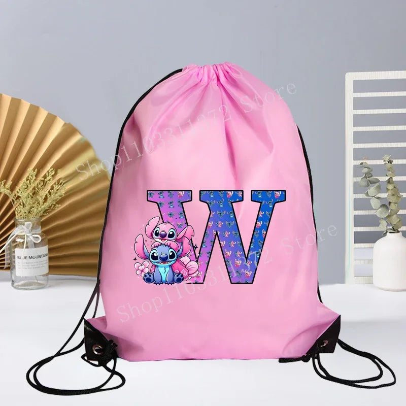 Disney Stitch Drawstring Bag Letter A-Z Printed Girl Kids Adult Gym PE Kit Sack Dance Portable Waterproof Light Travel Pouch Bag