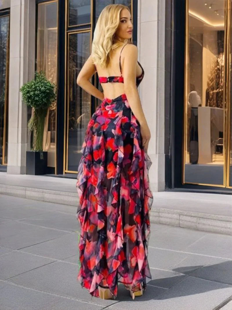 Damen 2025 Schulterfreies Abendkleid aus Organza, langes Abendkleid mit Blumendruck, fließendes A-Linien-Ball-Maxi-Sommerkleid