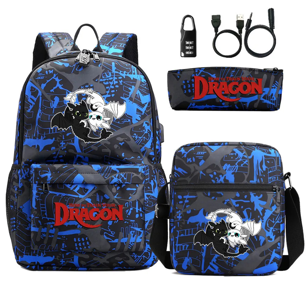 How to Train Your Dragon 3Pcs USB Anti-theft Lock Boy Girl Kids Back To School Book Bags Travel Backpack Shoulder Bag Pen Bags