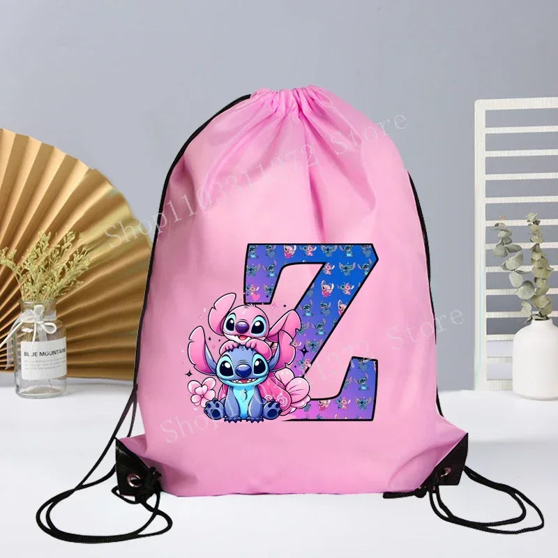 Disney Stitch Drawstring Bag Letter A-Z Printed Girl Kids Adult Gym PE Kit Sack Dance Portable Waterproof Light Travel Pouch Bag