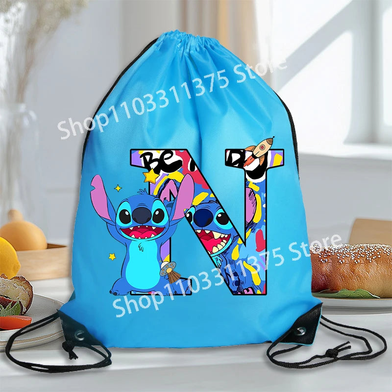 Stitch Disney Waterproof Drawstring Bag Letter A-Z Cartoon Shoes Underwear Travel Sport Bags Nylon Clothes Packing Backpack Gift