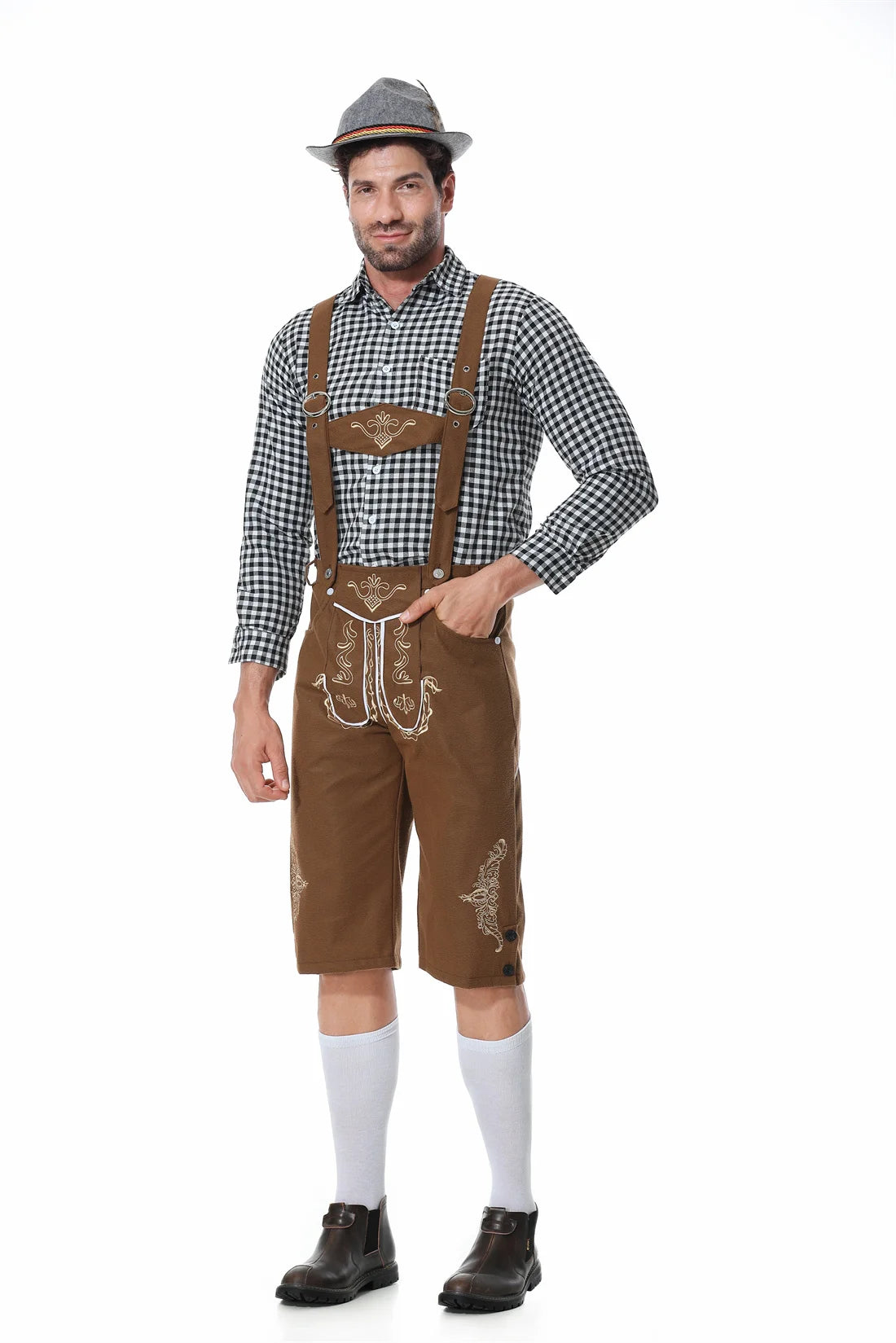 M-XXL Herren Oktoberfest Lederhosen Kostüm Langarm Hosenträger Strampler Hemd Hut Deutsches Bayerisches Bierfest Cosplay Outfit