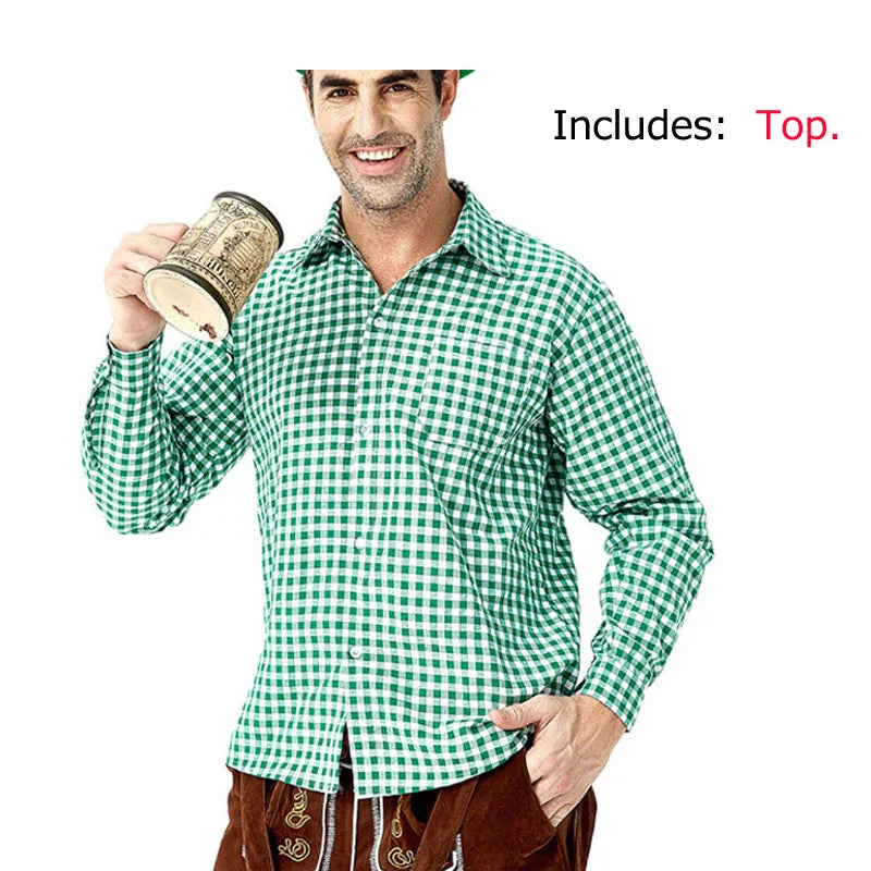 Männer Karneval Oktoberfest Kostüm Kariertes Hemd Lederhosen Outfit Cosplay Halloween Parade Bühnenshow Phantasie Partykleid
