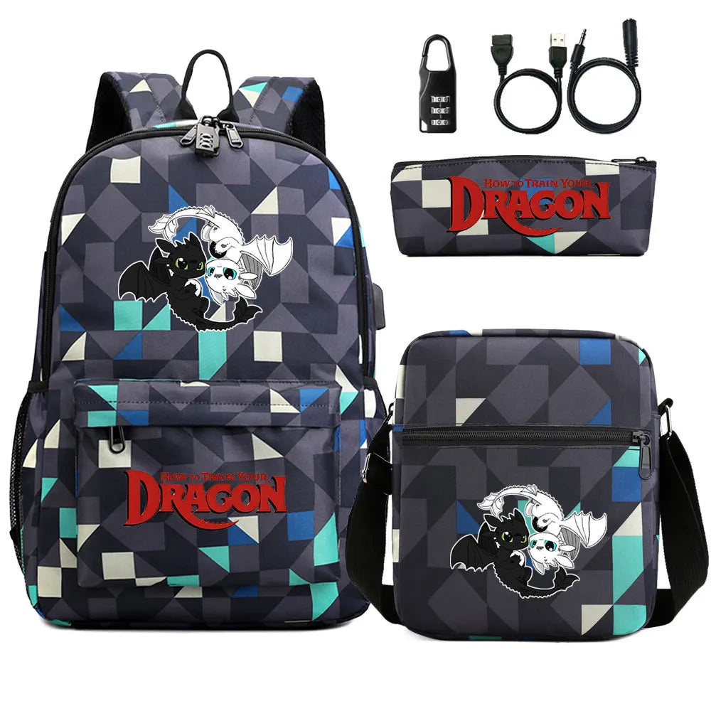How to Train Your Dragon 3Pcs USB Anti-theft Lock Boy Girl Kids Back To School Book Bags Travel Backpack Shoulder Bag Pen Bags