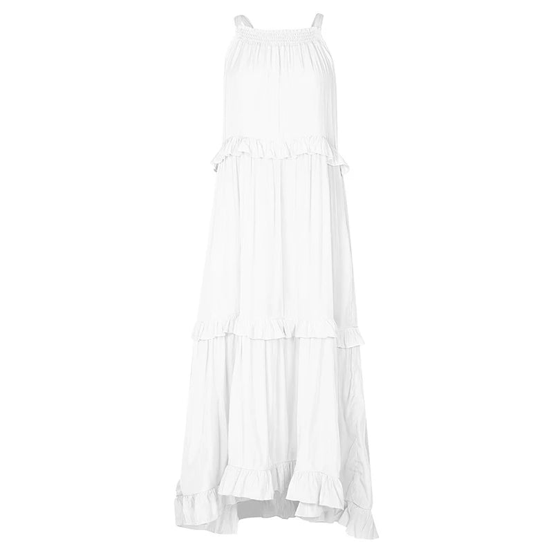 Frauen Casual Solide Rüschen Lange Kleid Sommer Elegante Ärmelloses Sommerkleid Elegante Harajuku Maxi Kleid Strand Party Abend Vestido