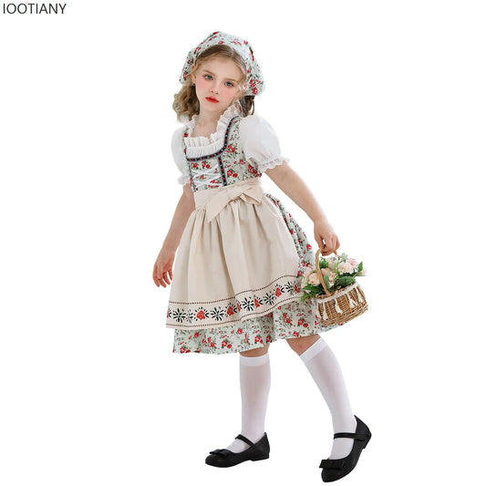 IOOTIANY Deutsches Münchner Oktoberfest Kinder Mädchen Blume Rüschen Spitze Lolita Pastoral Kleid Dienstmädchen Cosplay Performance Kostüm Set