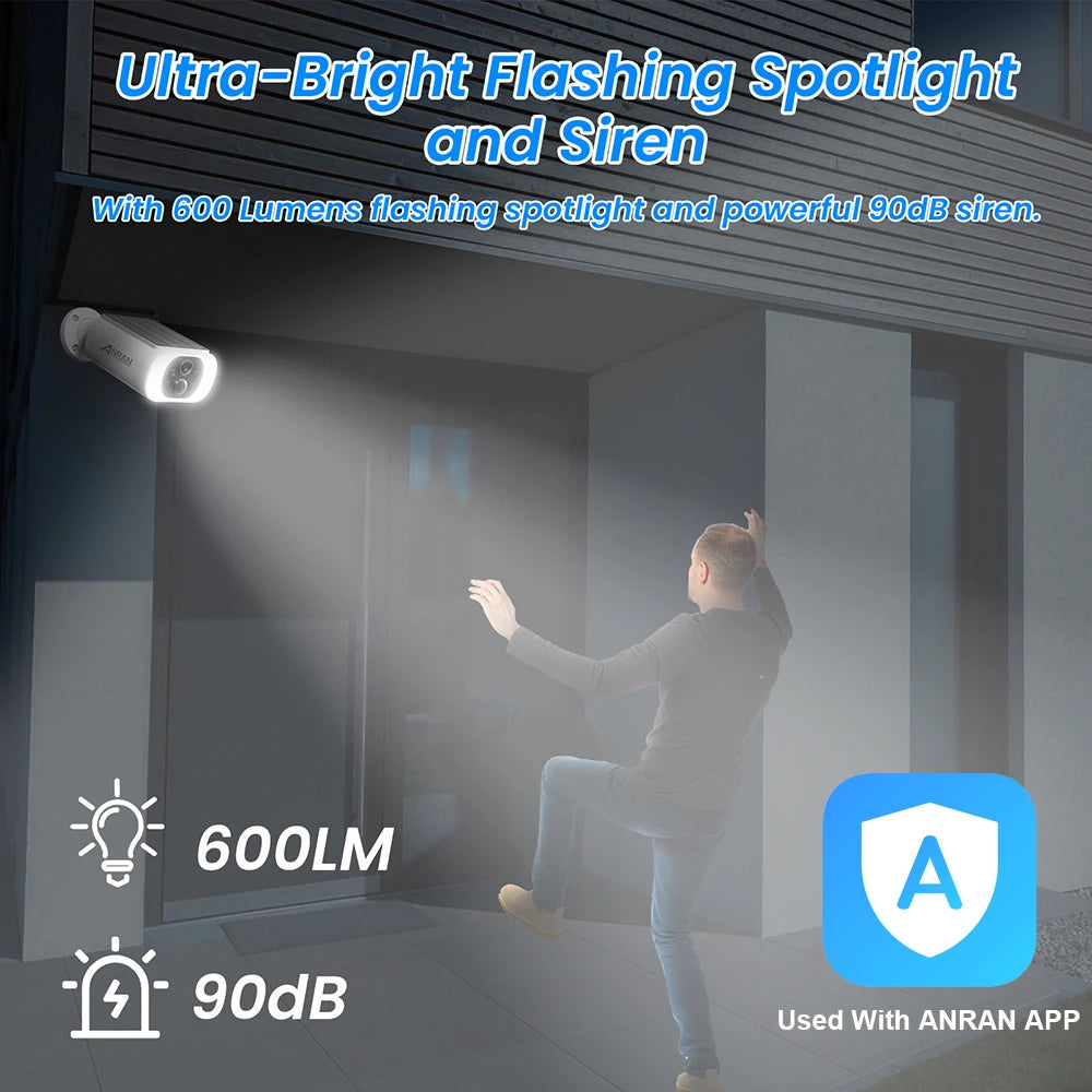 ANRAN 2K Solar-Sicherheitskamera, 3 MP, für den Außenbereich, kabellos, 2,4 G, WLAN-Kamera, Akku-Kamera, Flutlicht, Farb-Nachtsicht, NVR kann nicht hinzugefügt werden
