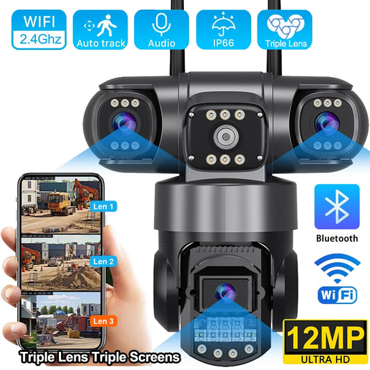 V380 Pro WiFi-IP-Kamera für den Außenbereich, 12 MP, 6K, dreifache Linsen, dreifache Bildschirme, Sicherheitsvideomonitor, Nachtsicht, wasserdichte CCTV-Kameras