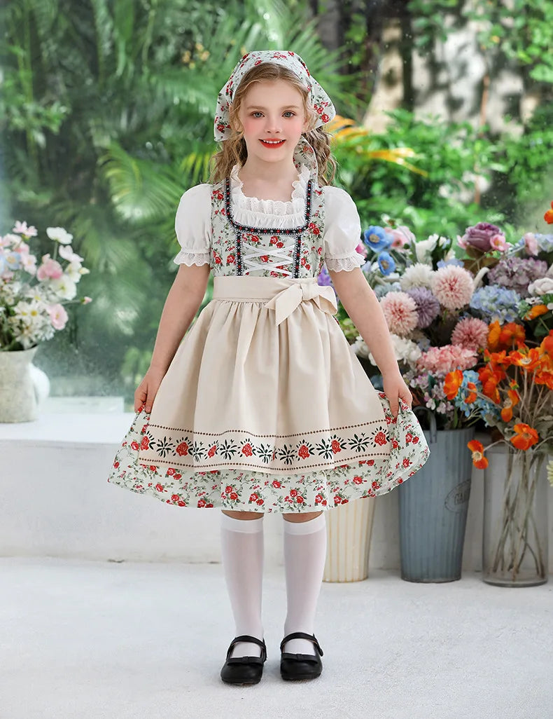 IOOTIANY Deutsches Münchner Oktoberfest Kinder Mädchen Blume Rüschen Spitze Lolita Pastoral Kleid Dienstmädchen Cosplay Performance Kostüm Set