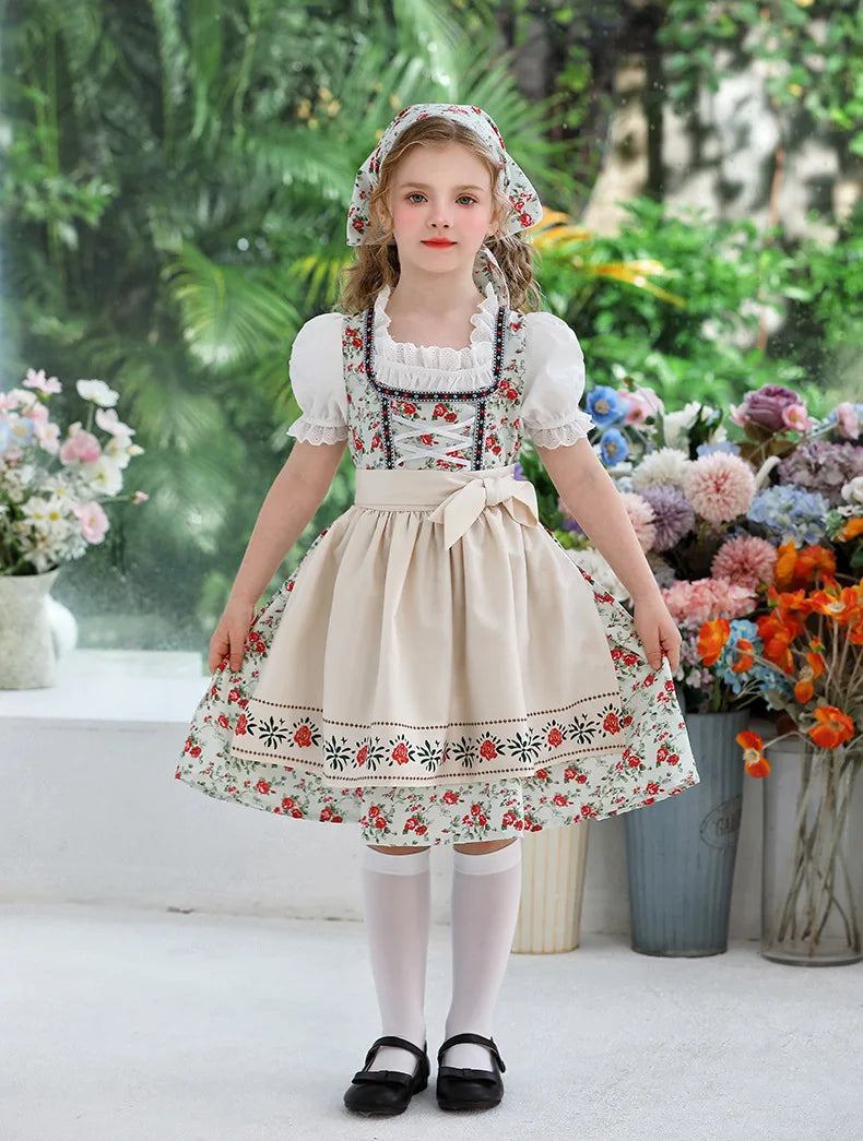 IOOTIANY Deutsches Münchner Oktoberfest Kinder Mädchen Blume Rüschen Spitze Lolita Pastoral Kleid Dienstmädchen Cosplay Performance Kostüm Set