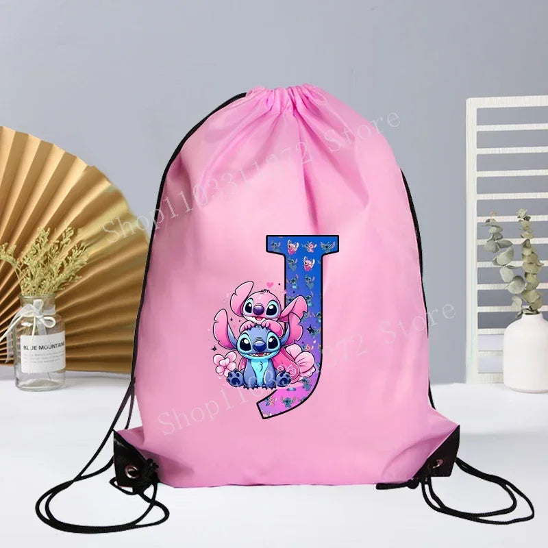 Disney Stitch Drawstring Bag Letter A-Z Printed Girl Kids Adult Gym PE Kit Sack Dance Portable Waterproof Light Travel Pouch Bag