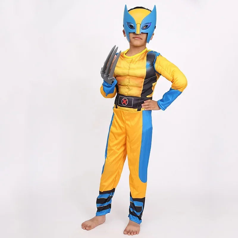 Wolverine Cosplay Kostüm Kinder Wolf Schwarz Superheld Panther Claws Maske Overall Halloween Bodysuit Muskelanzug für Kindergeschenk
