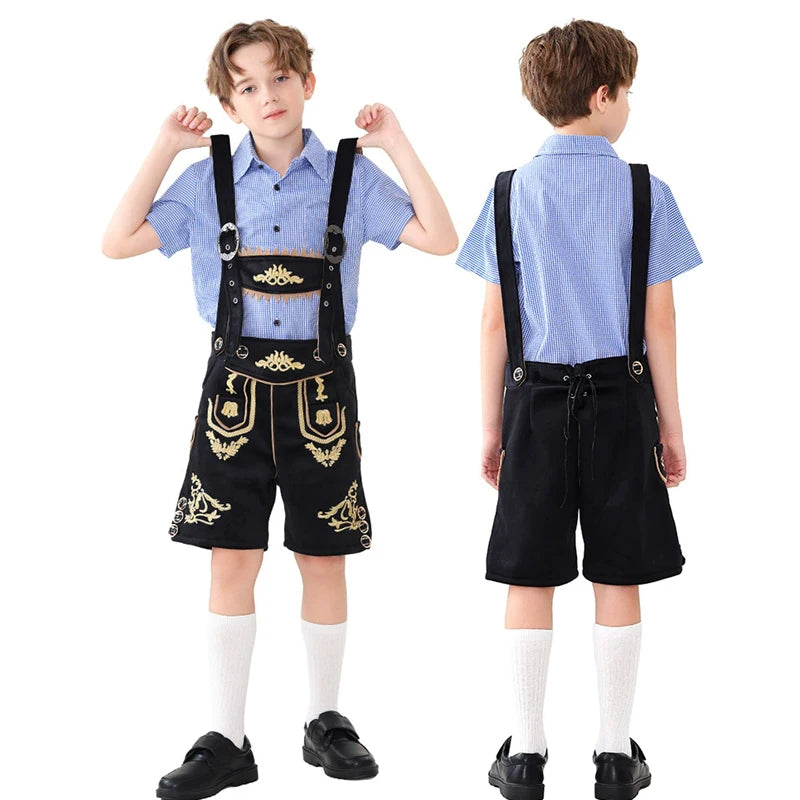 NEU Bayerisches Nationales Oktoberfest-Kostüm für Jungen, Flanell-Lederhosen, kariertes Hemd, Cosplay, Karneval, Halloween, ausgefallenes Partykleid