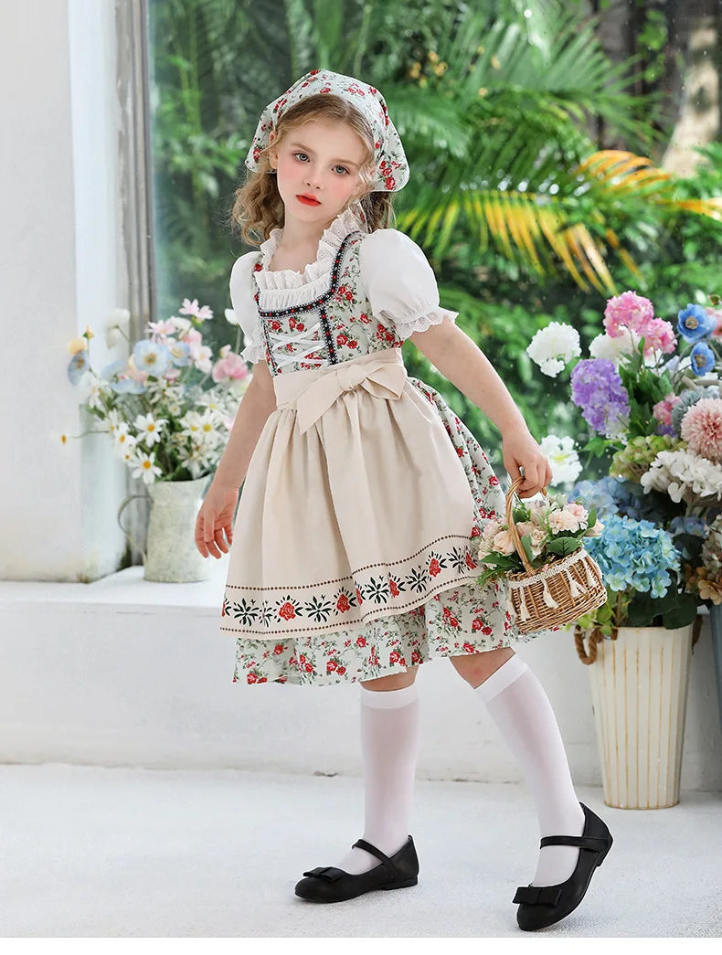 IOOTIANY Deutsches Münchner Oktoberfest Kinder Mädchen Blume Rüschen Spitze Lolita Pastoral Kleid Dienstmädchen Cosplay Performance Kostüm Set